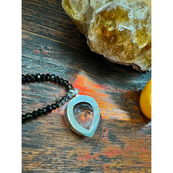 Leaf Carved Quartz Crystal Sterling Pendant Garnet Black Spinel Beaded Necklace - Picture 5 of 7